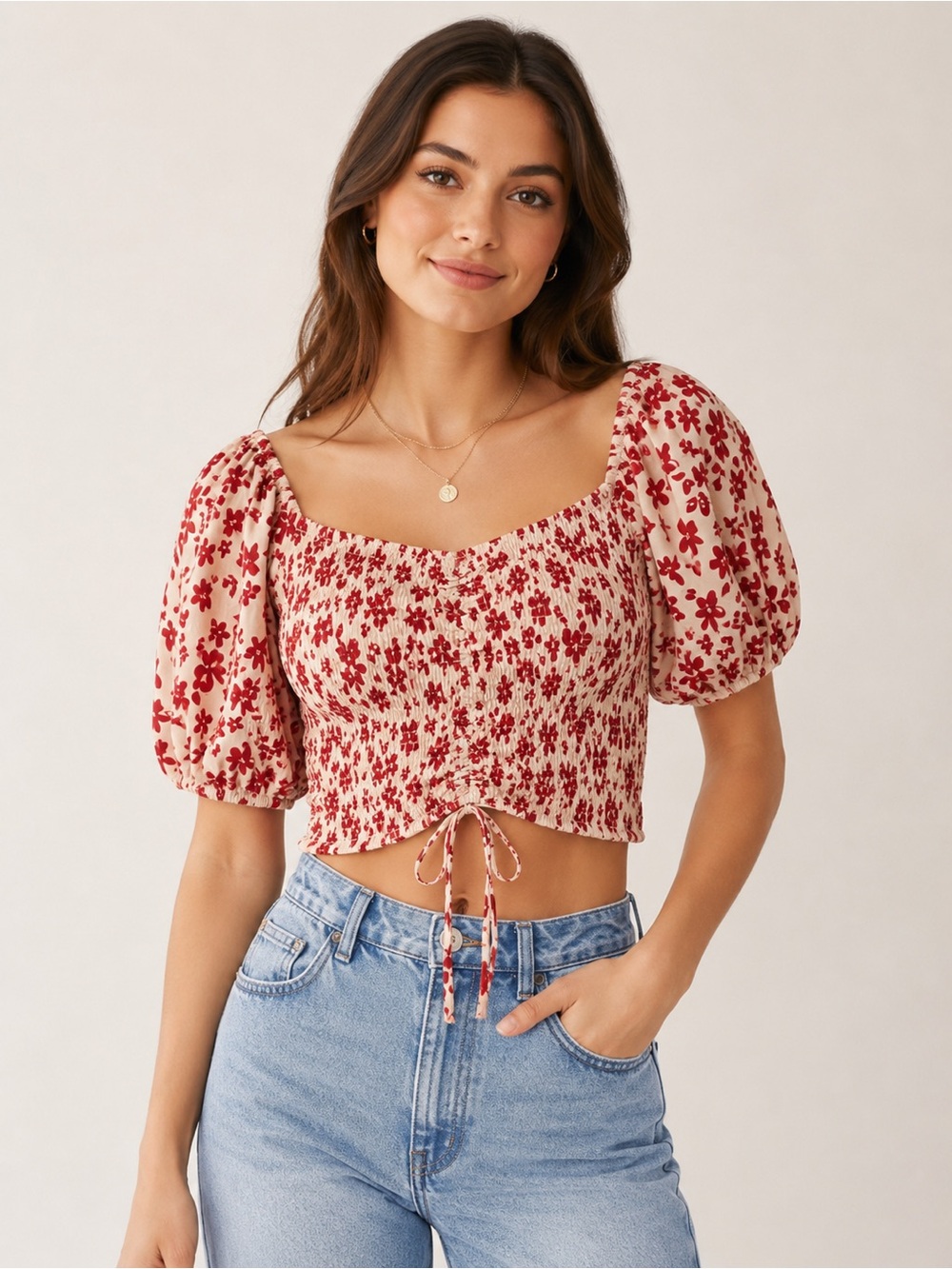 Kendall + Kylie Floral Smocked Puff Sleeve Crop Top
